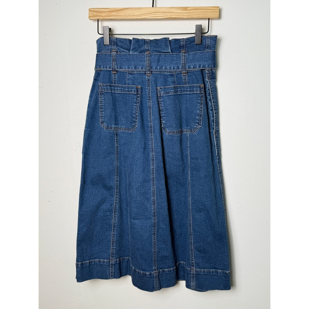Madewell Denim Paperbag Waist Midi Skirt Blue Medium Wash Size 0 Tie Belt Pocket - Picture 3 of 7
